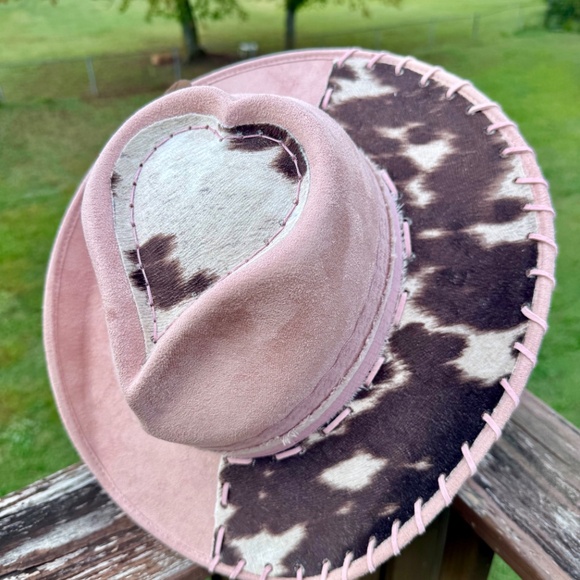 Pink Heart Shaped Cowboy Hat with Attached Cowhide, Hand Burned - Picture 4 of 5